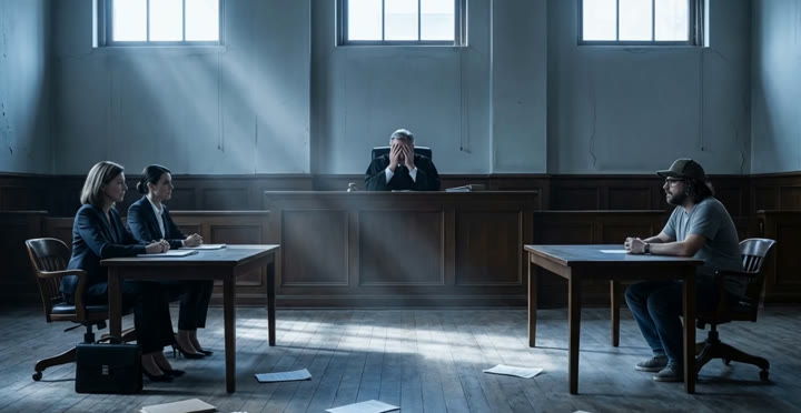 An empty courtroom: two attorneys at one table, a lone man at the other