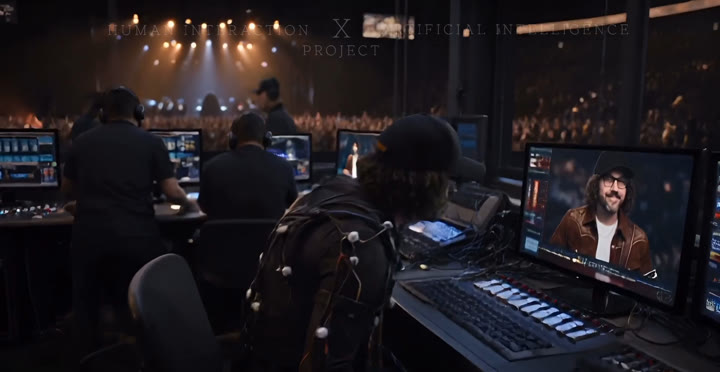 A control room of monitors with the artist rendered on screen