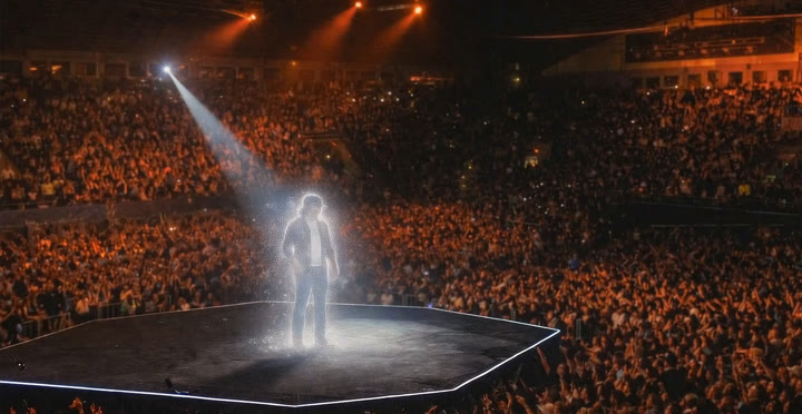 A lone lit figure on an arena stage before a packed crowd